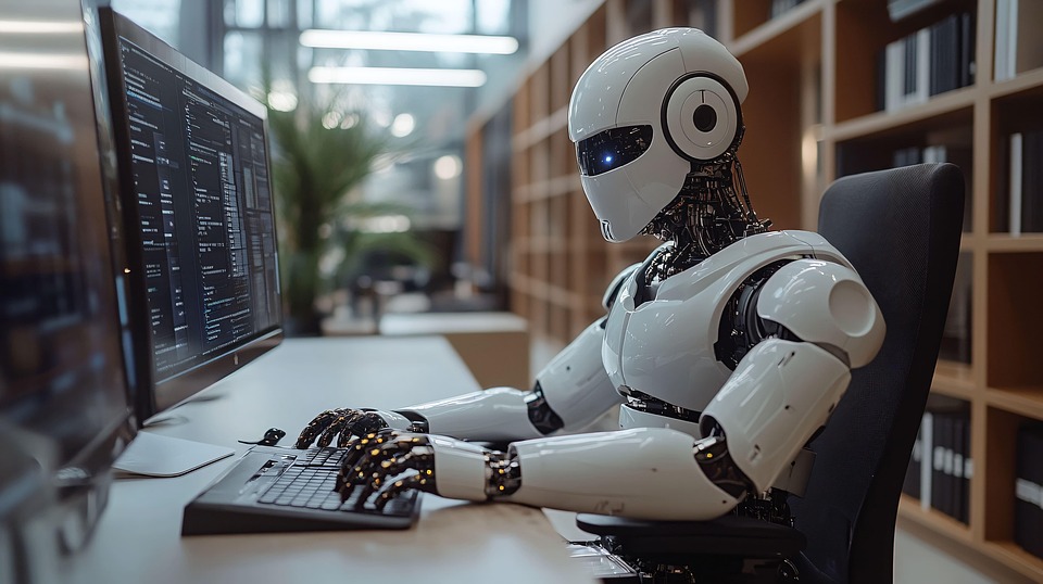 Ein Robotter bedient als Chatbot eine PC-Tastatur